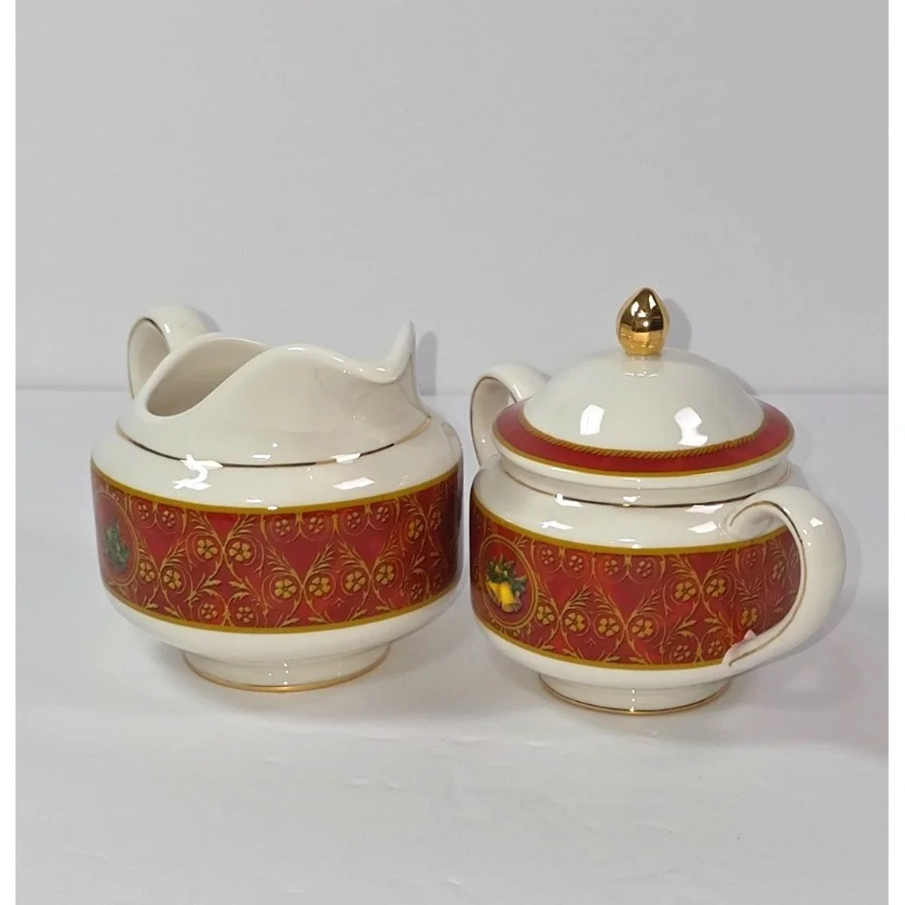 gund john grossman christmas creamer and sugar bowl‎ set ceramic 2008 red gold